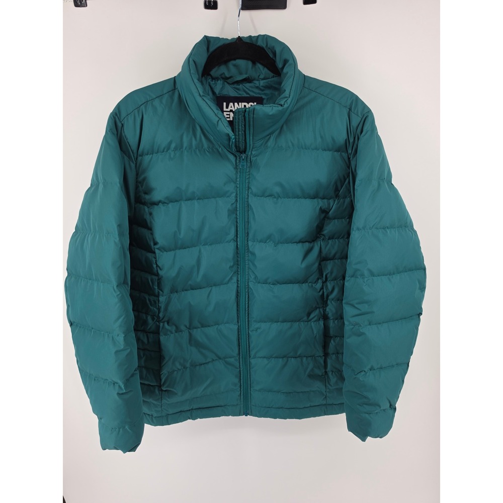 Lands End Womens 1X Puffer Jacket Teal Green Down Fill Quilted Full Zip Coat